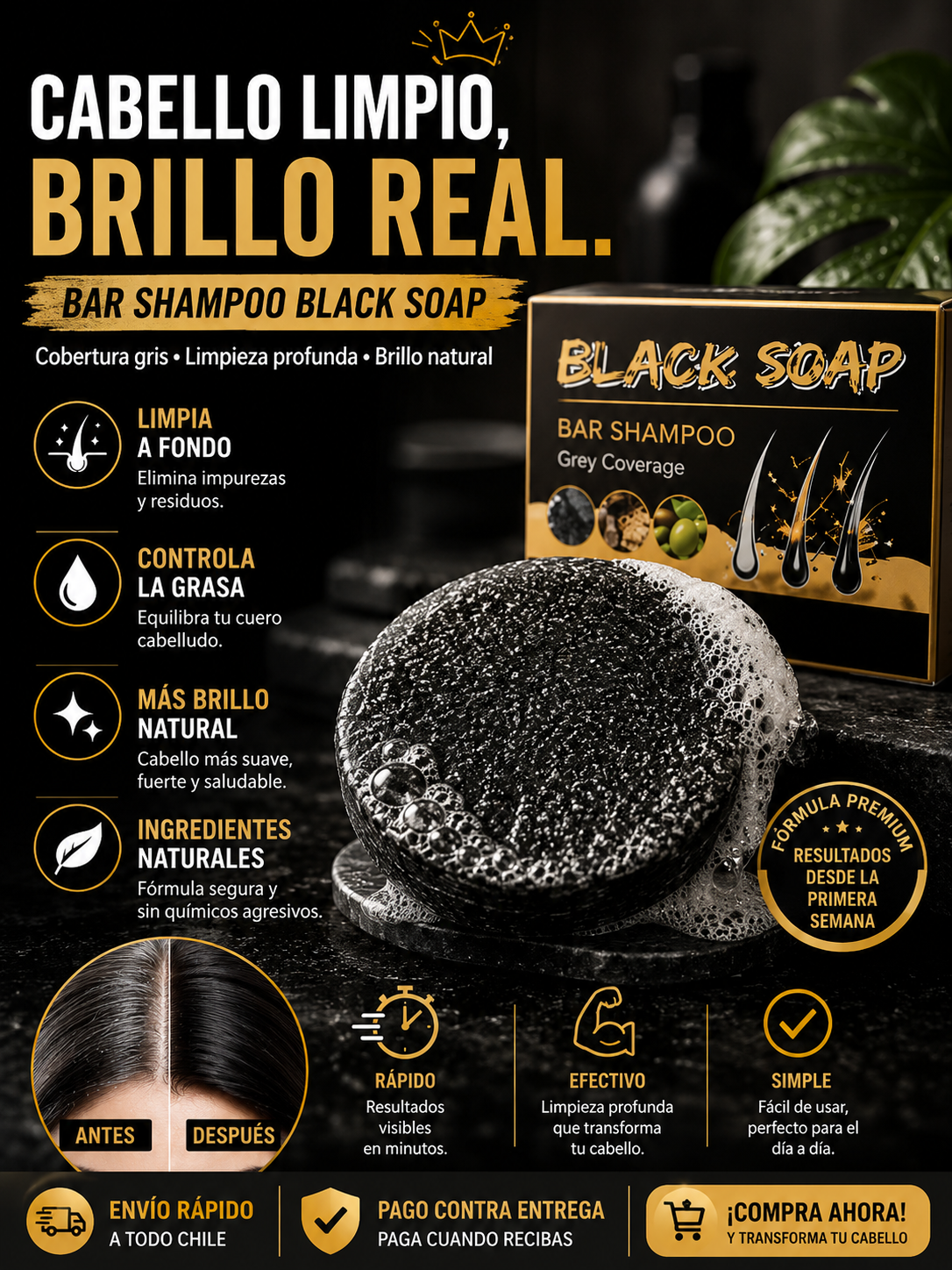 ¿Canas visibles y cabello opaco? Renueva tu tono con Shampoo Negro en Barra Anti Canas