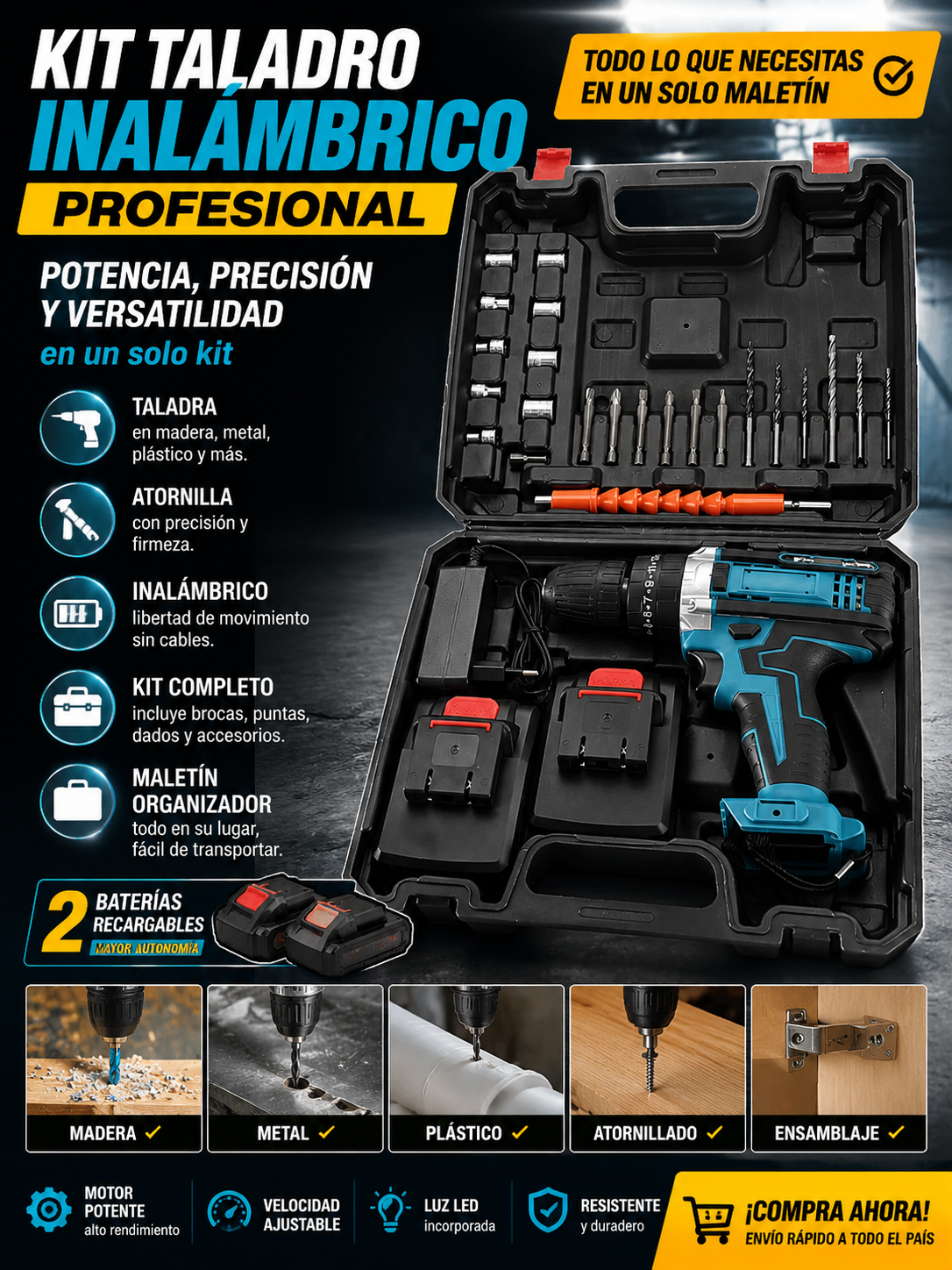 Taladro Inalámbrico 48V con 2 baterías y accesorios listo para todo