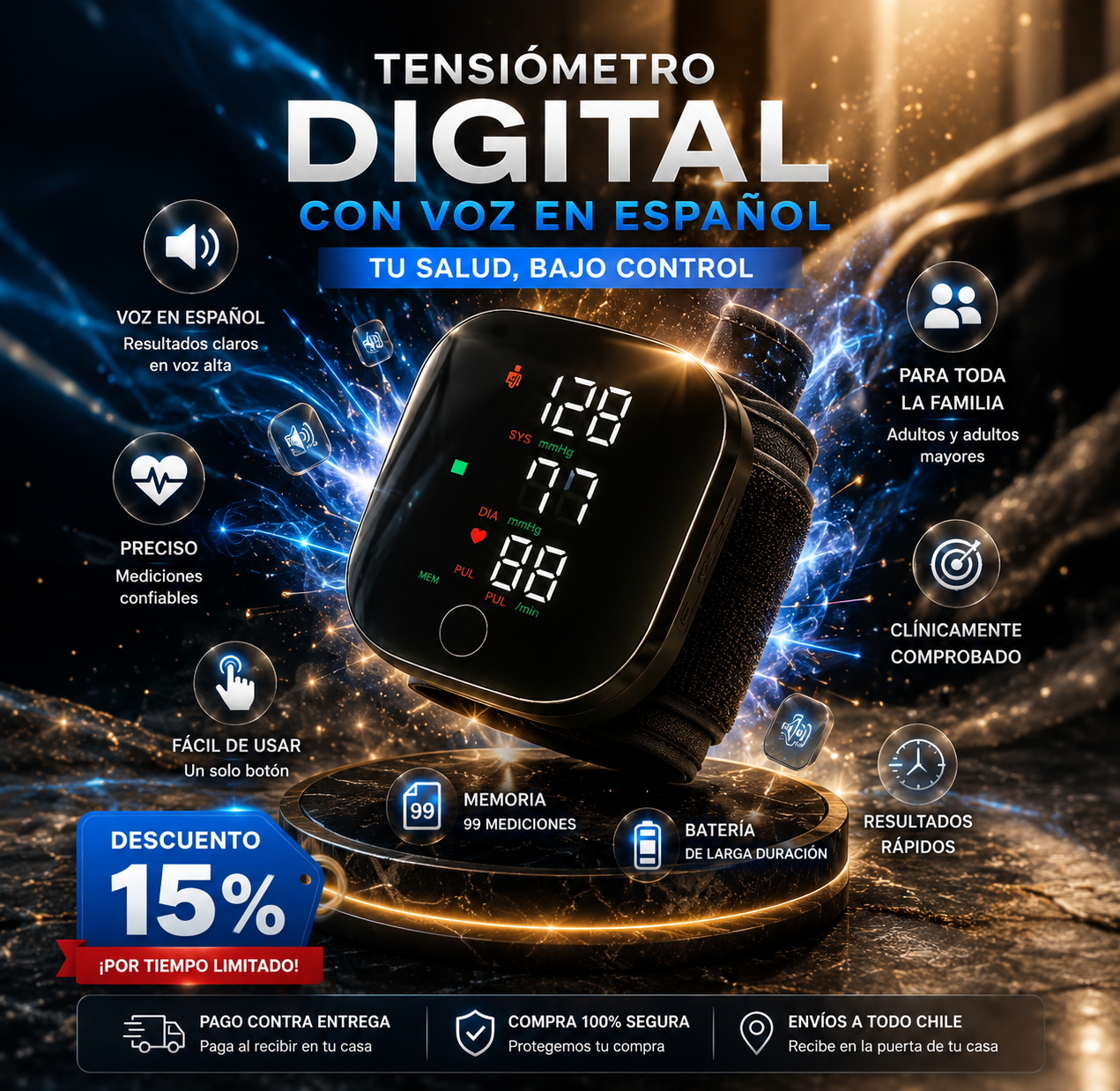 🩺 Tensiómetro Digital de Muñeca con Voz en Español | Precisión Profesional