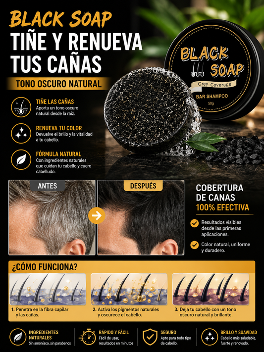 ¿Canas visibles y cabello opaco? Renueva tu tono con Shampoo Negro en Barra Anti Canas