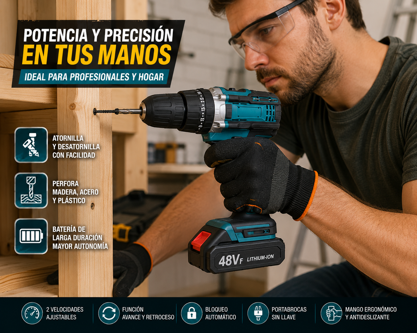 Taladro Inalámbrico 48V con 2 baterías y accesorios listo para todo